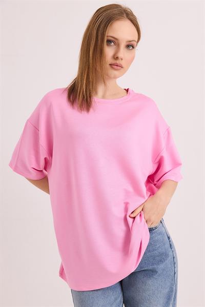 Oversize Yumuşak Dokulu Salaş T-Shirt Pembe