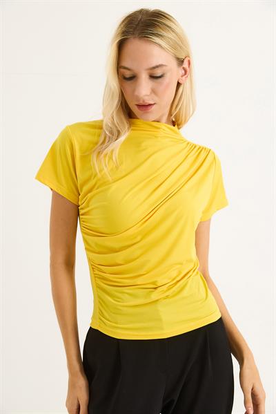 Kısa Kol Büzgülü Bisiklet Yaka Bluz Sarı