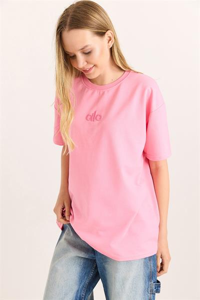Alo Nakışlı Oversize Unisex Tshirt Pembe