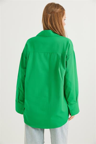 Ayıcık Nakışlı Oversize Basic Gömlek Yeşil