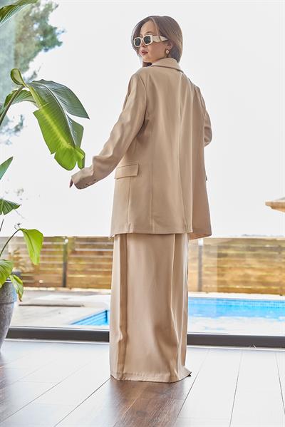 Yırtmaçlı Etek Oversize Ceket İkili Takım Vizon