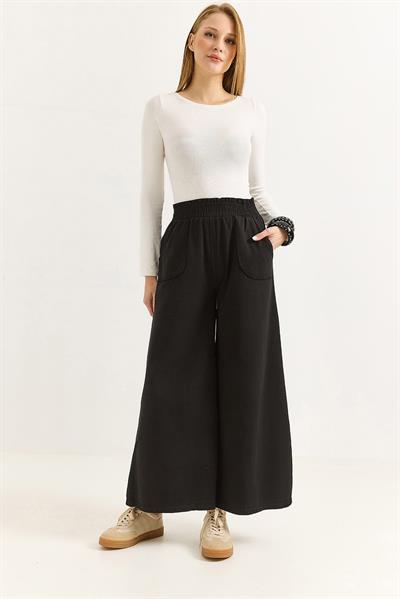 Kadın Pantalon Geniş Paça Cepleri Dikiş Detaylı  Pantalon Siyah