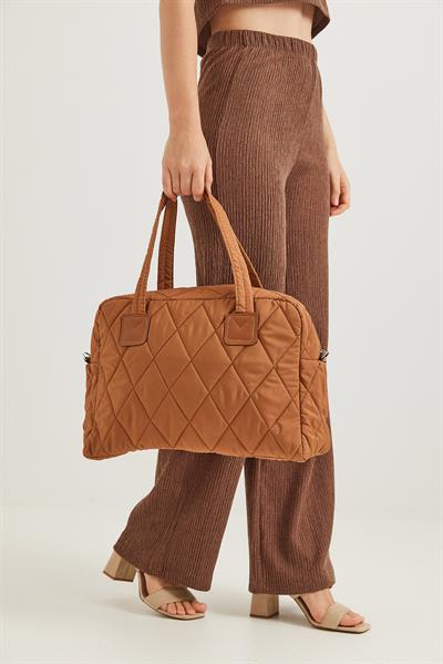 Kapitone Kumaş Cüzdanlı  El Ve Omuz Çantası Taba