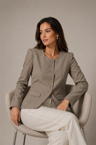 Kadın Kare Yaka Düğmeli Blazer Ceket Haki