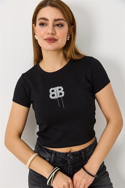 Kadın  Kısa Kollu Taşlı Crop Bluz Siyah