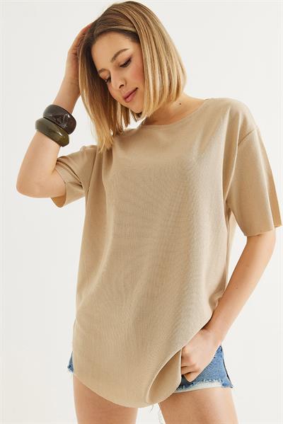Bisiklet Yaka  Kısa Kol Basic Tshirt Krem