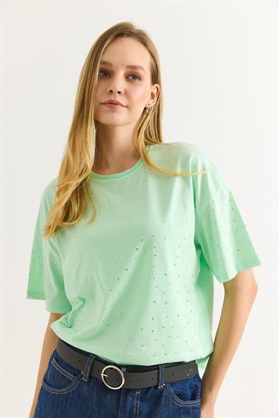Taş Detaylı Rahat Kalıp Premium Pamuk Tshirt Su Yeşili
