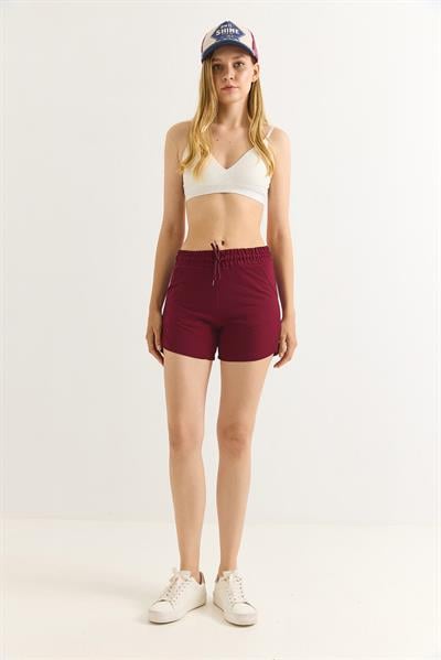 Beli Lastikli Fit Kadın Şort Bordo