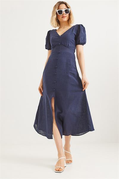 Belden Bağlamalı V Yaka  Keten Elbise Lacivert