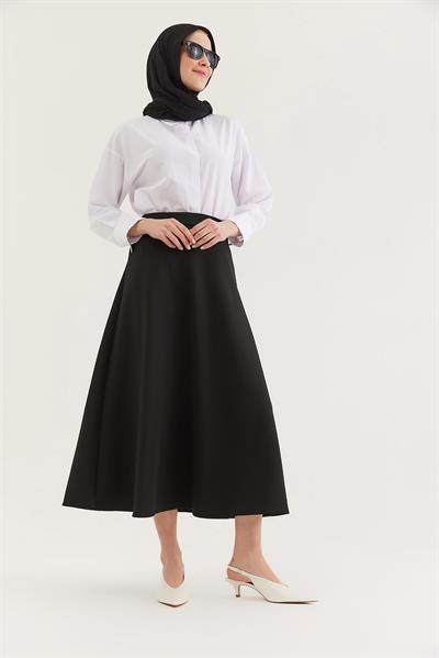 Beli Lastikli Kadın Kloş Etek Siyah
