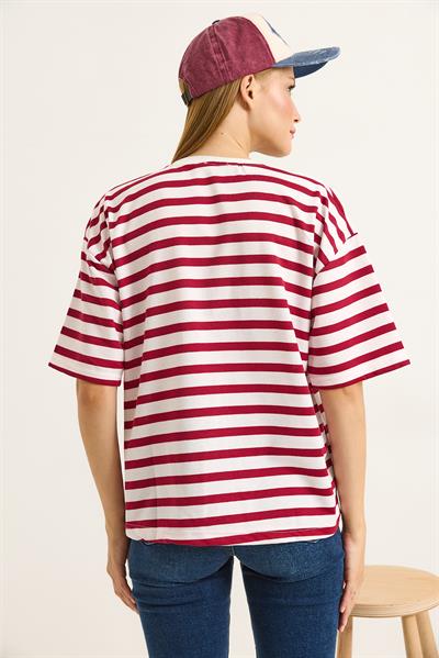 Çizgi Desen Nakışlı Kadın Tshirt Kırmızı