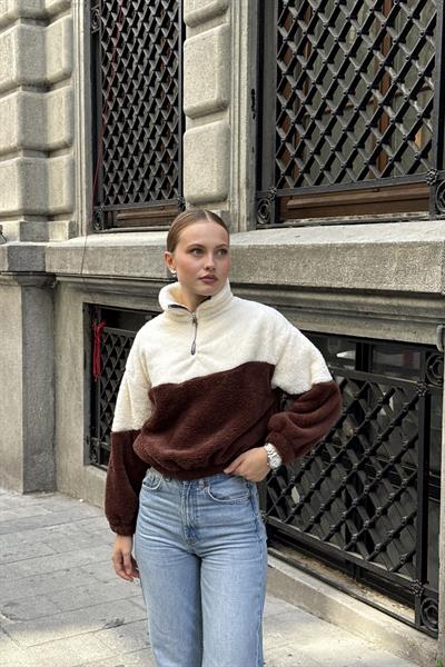 Yarım Fermuar Dik Yaka Welsoft Sweat Krem 