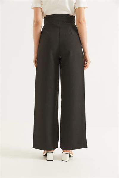 Yüksek Bel  Kemerli Bol Paça Pantolon Siyah