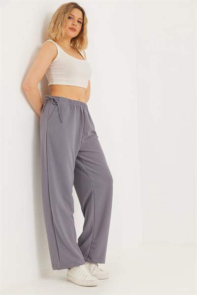 Yanları İp Detaylı Bol Paça Pantolon Gri