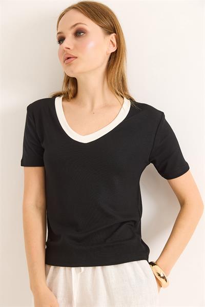 V Yaka  Kısa Kollu Kadın Kısa Tshirt Siyah