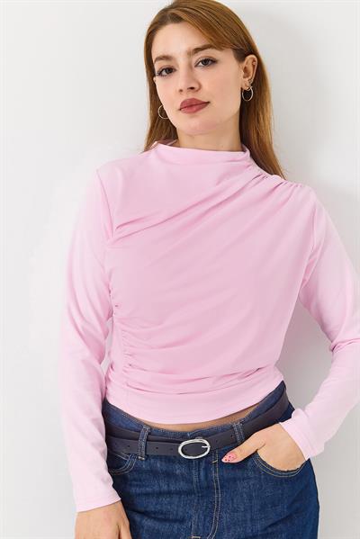 Kadın Yanları Büzgülü Bluz Pembe