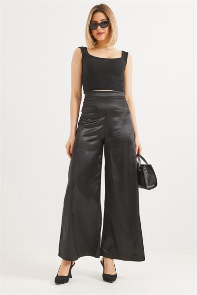 Kadın Bol Paça  Saten Pantalon Siyah