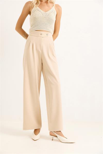 İki Düğmeli Şık Kumaş Geniş Paça  Pantalon  Bej