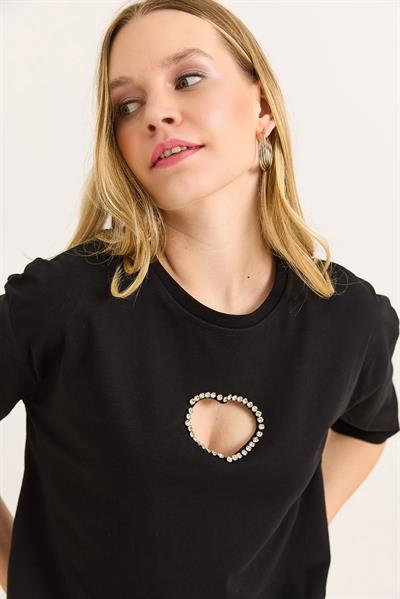 Kalp Dekolteli Bisiklet Yaka Tshirt Siyah