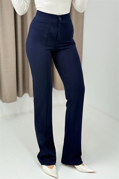 Likralı Krep Örme Kumaşı Yüksek Bel Çımalı  Pantolon Lacivert