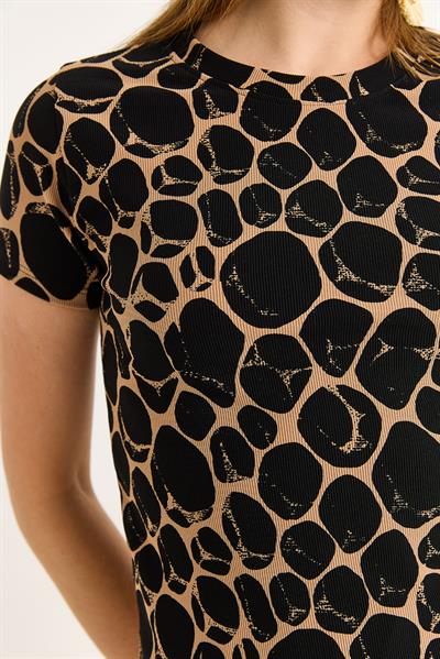 Geometrik Desen Kısa Kollu Bluz Kahverengi