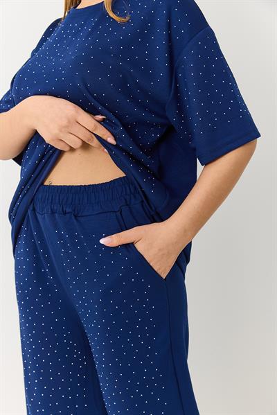 Kadın Taş Detaylı Oversize Eşofman Takım Lacivert