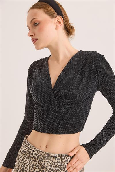 Kruvaze Yaka Simli Crop Bluz Siyah