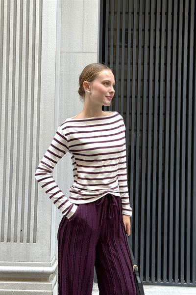 Çizgi Desen Geniş Yaka Uzun Kollu Bluz Mürdüm