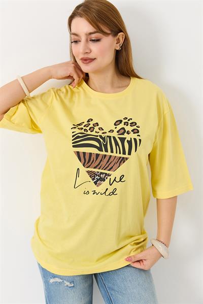 Kadın Kalp Baskılı Bisiklet Yaka Tshirt Sarı