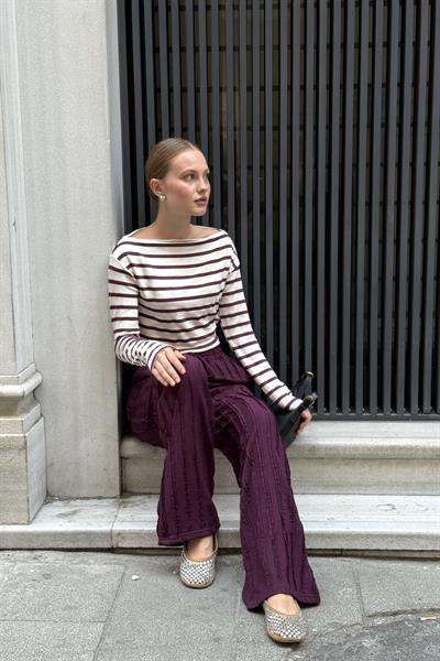 Geniş Paça Pileli Belden Bağlamalı Pantlon Mürdüm