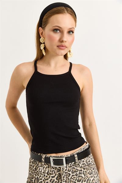 Askılı Kaşkorse Bluz Siyah