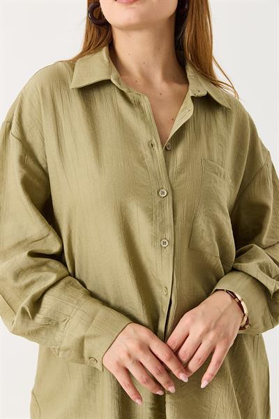 Kadın Oversize Müslin Kumaş Basic Gömlek Açık Haki