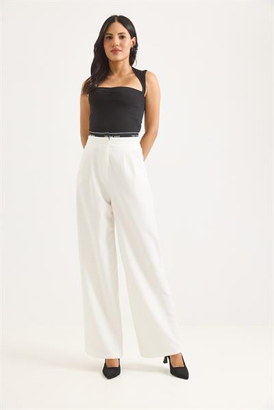 Geniş Paça Kemeri Garnili Palazzo Pantolon Beyaz