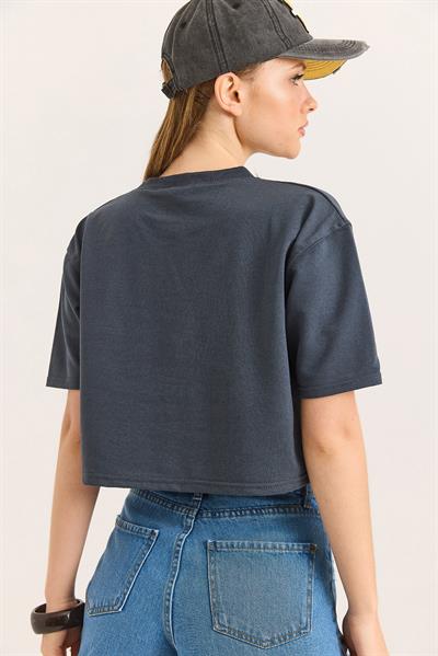 Bisiklet Yaka Havalı Crop İki İp Tshir Füme