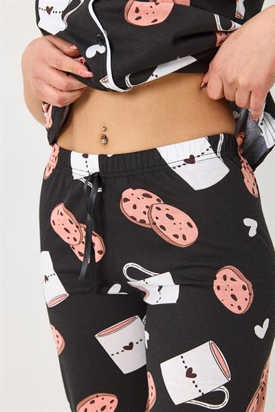Kadın Kısa Kollu Düğmeli Pijama Takımı Siyah