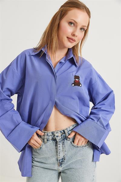 Ayıcık Nakışlı Oversize Basic Gömlek Lila