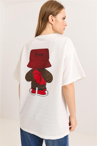 Karakter Baskılı İki İplik Oversize Tshirt Beyaz