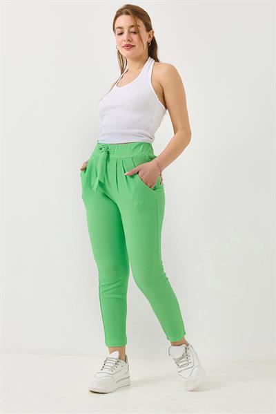Bağlama Detaylı Bürümcük Örme Pantalon Yeşil