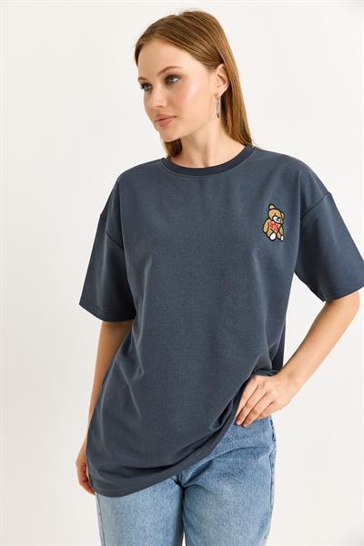Ayıcık Nakışlı Oversize İki İp Tshirt Füme