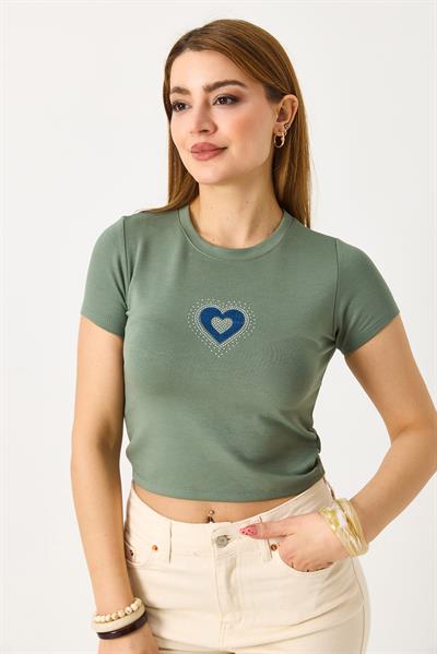 Kadın Kalp Nakış ve Taş Detaylı Crop Bluz Yeşil