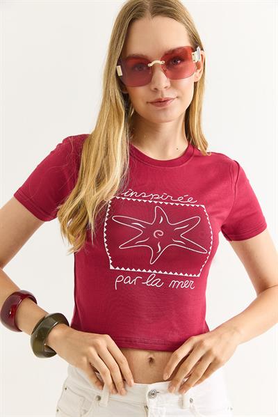 Deniz Yıldızı Baskılı Bisiklet Yaka Crop Bordo