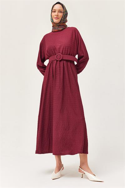 Bel Lastikli Kemerli Yarasa Kol Elbise Bordo 
