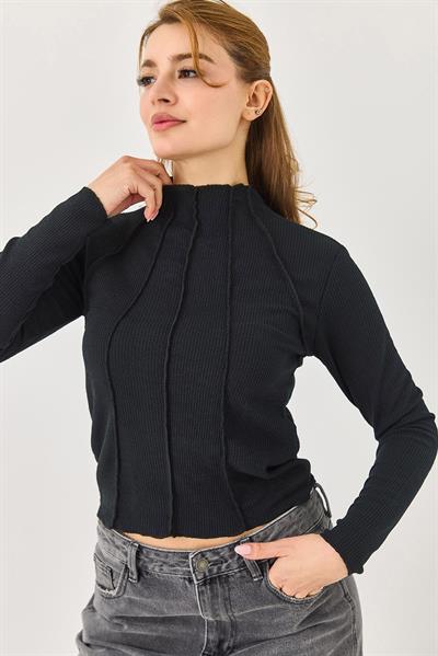 Kadın Dikiş Detaylu Esnek Uzun Kollu Bluz Siyah