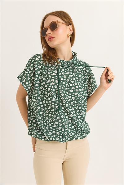 Çiçek Desen Yakası İpil Oversize Bluz Yeşil