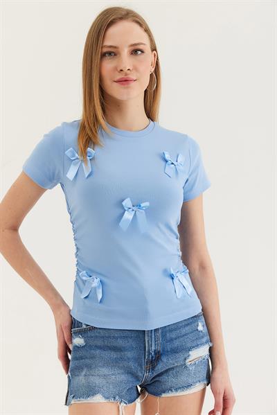 Kurdele Detaylı  Bisiklet Yaka T-Shirt