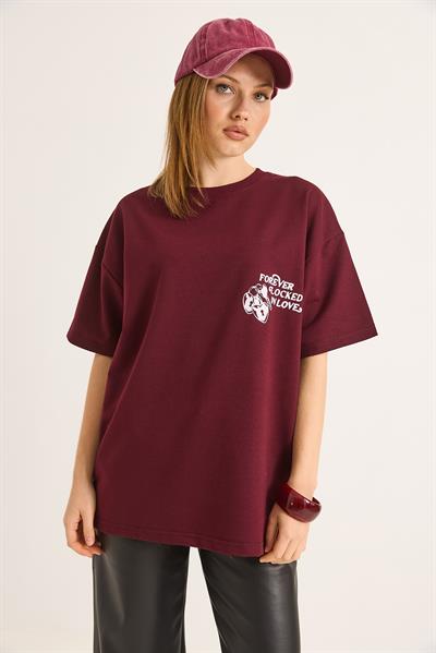 Baskılı Oversize İki İplik Tshirt Bordo
