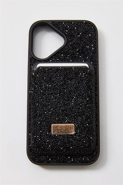 İphone 17 Uyumlu Parlak ve Taşlı Kart Bölümlü Kılıf  Siyah