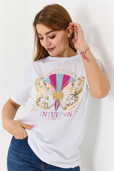 Kadın  Bisiklet Yaka Baskılı Kısa Kol Tshirt Beyaz