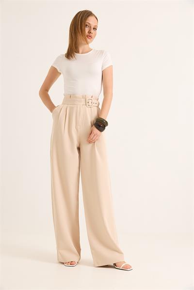 Yüksek Bel  Kemerli Bol Paça Pantolon Krem