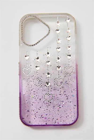İphone 16  Uyumlu Şeffaf ve Mor Geçişli Kalp-Yıldız Taşlı Kılıf Mor